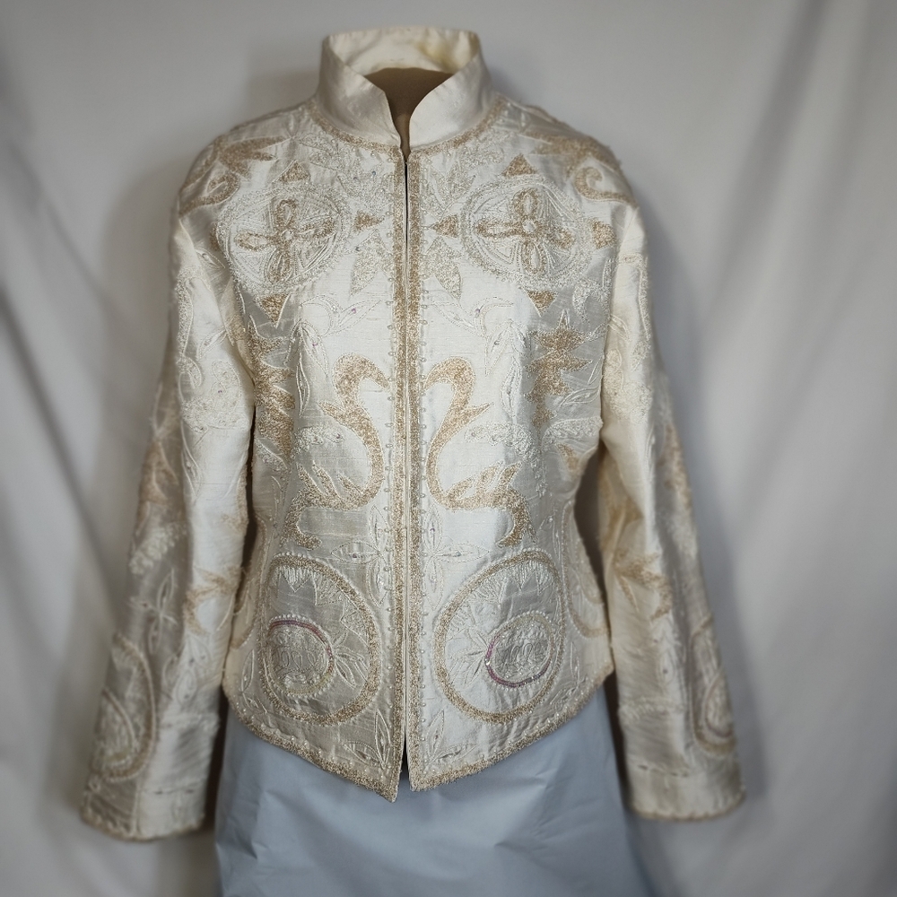 Diva By Embex Womens Ivory, Beaded Embroidered, 100% Silk Jacket Sz Large